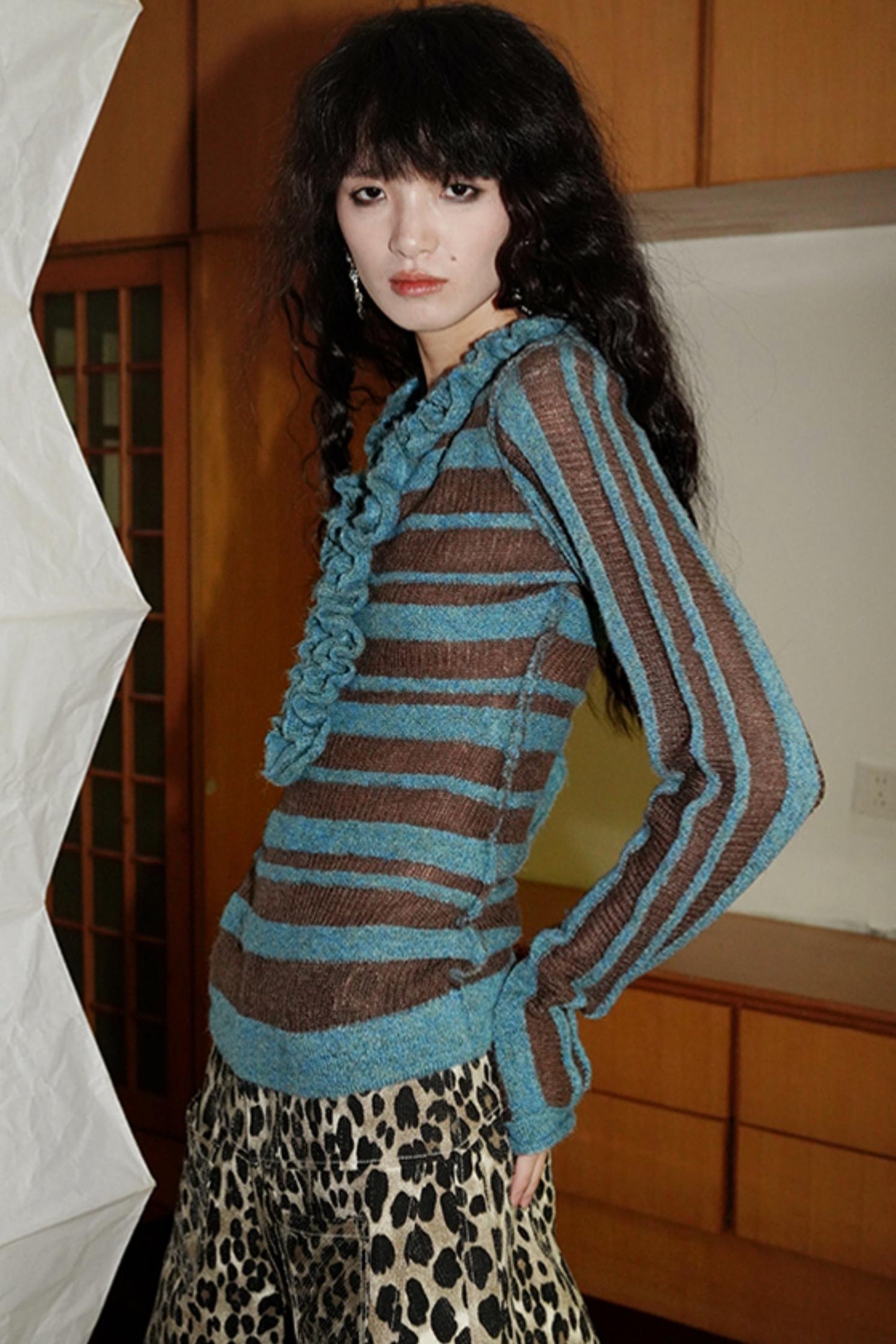 Fungus-Trimmed Striped Wool Knit Top