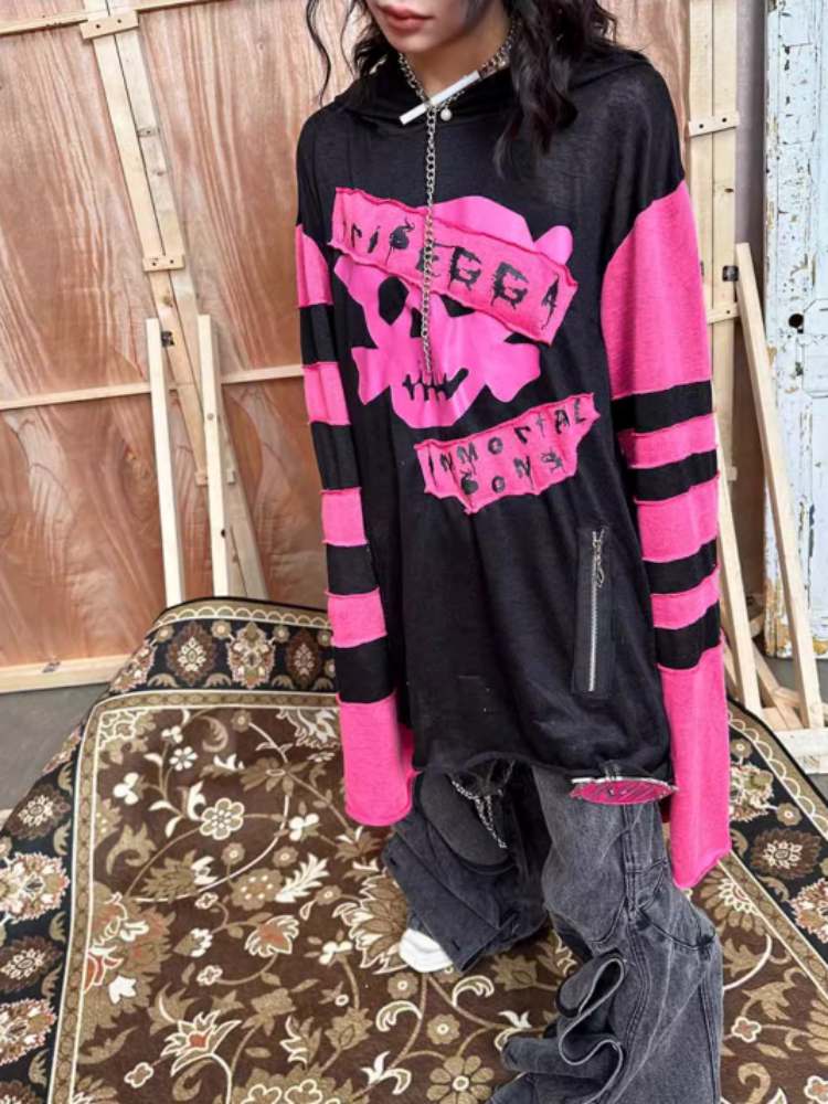 Rock Punk Skull Print Striped Sleeve Hoodie