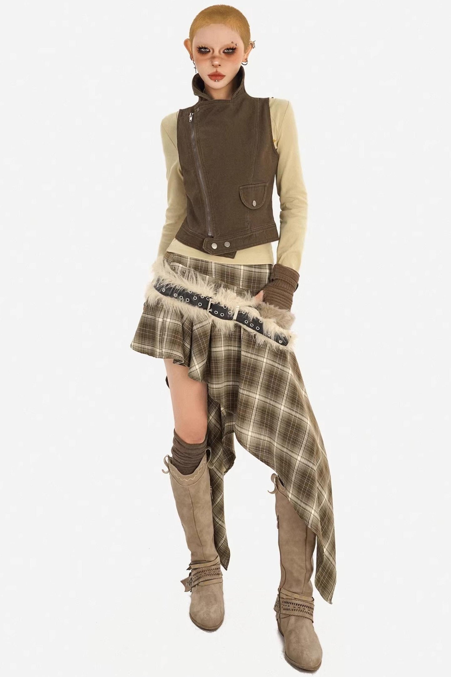 Retro Plaid Asymmetrical Skirt