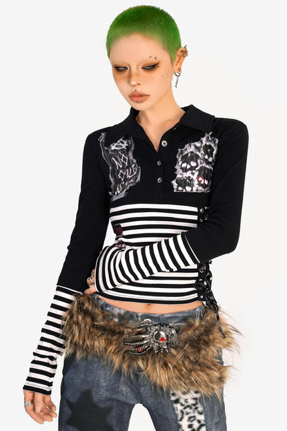 Light Punk Striped Patchwork Long Sleeve T-Shirt