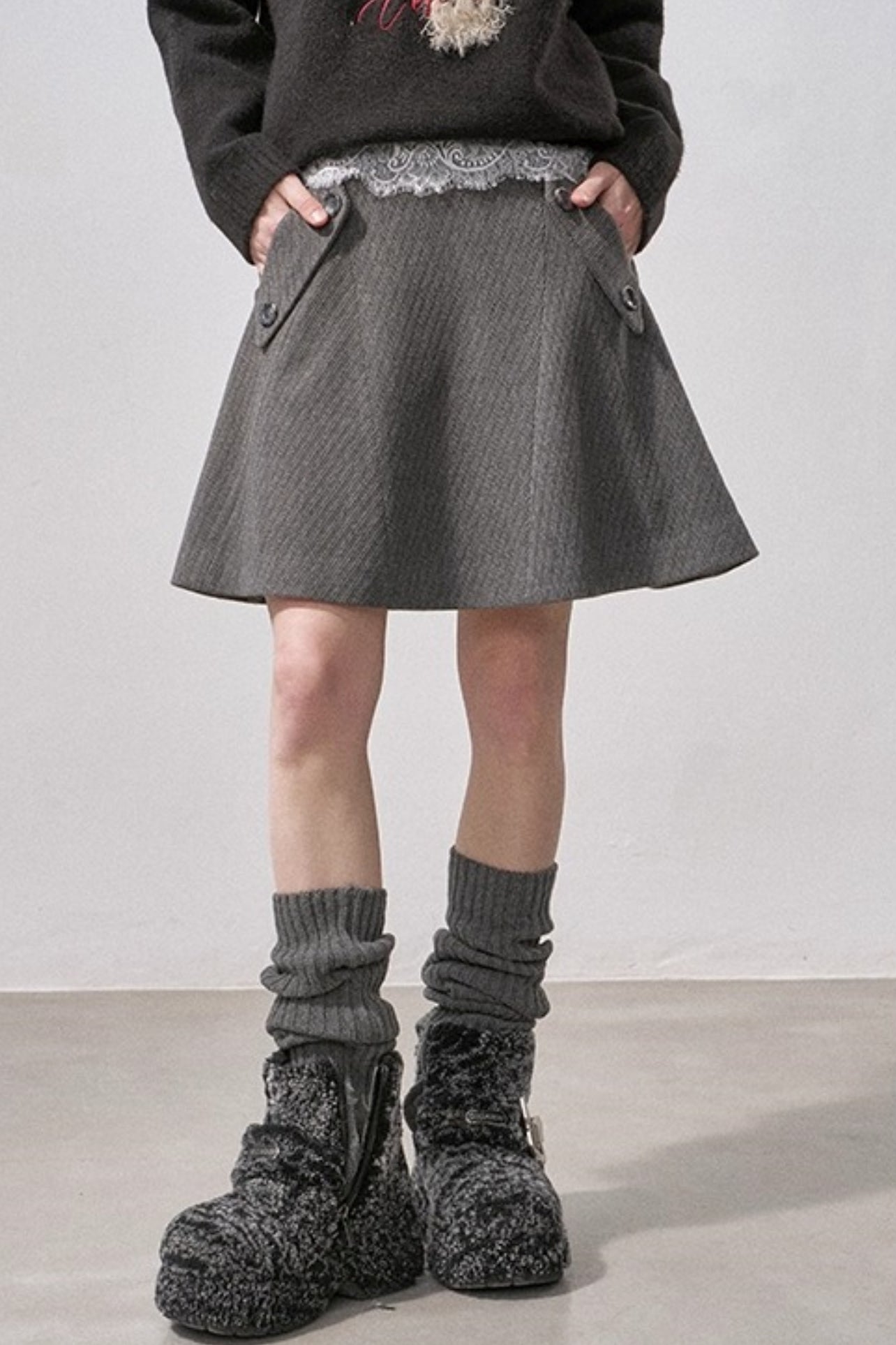 Split Wool Plaid A-Line Skirt