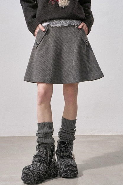 Split Wool Plaid A-Line Skirt