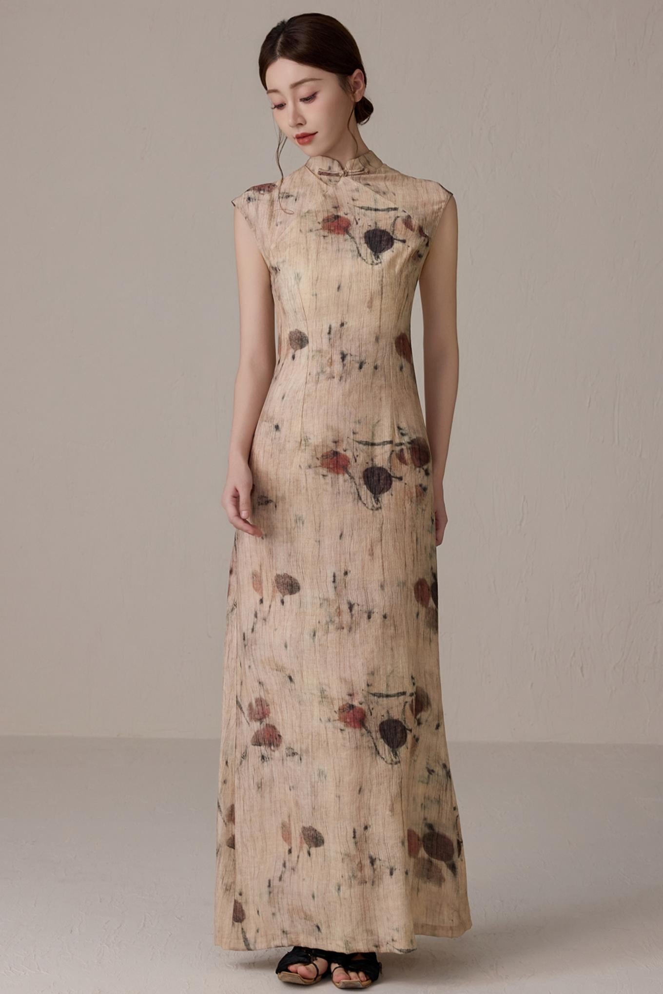 Slim Waist Floral Cheongsam Dress