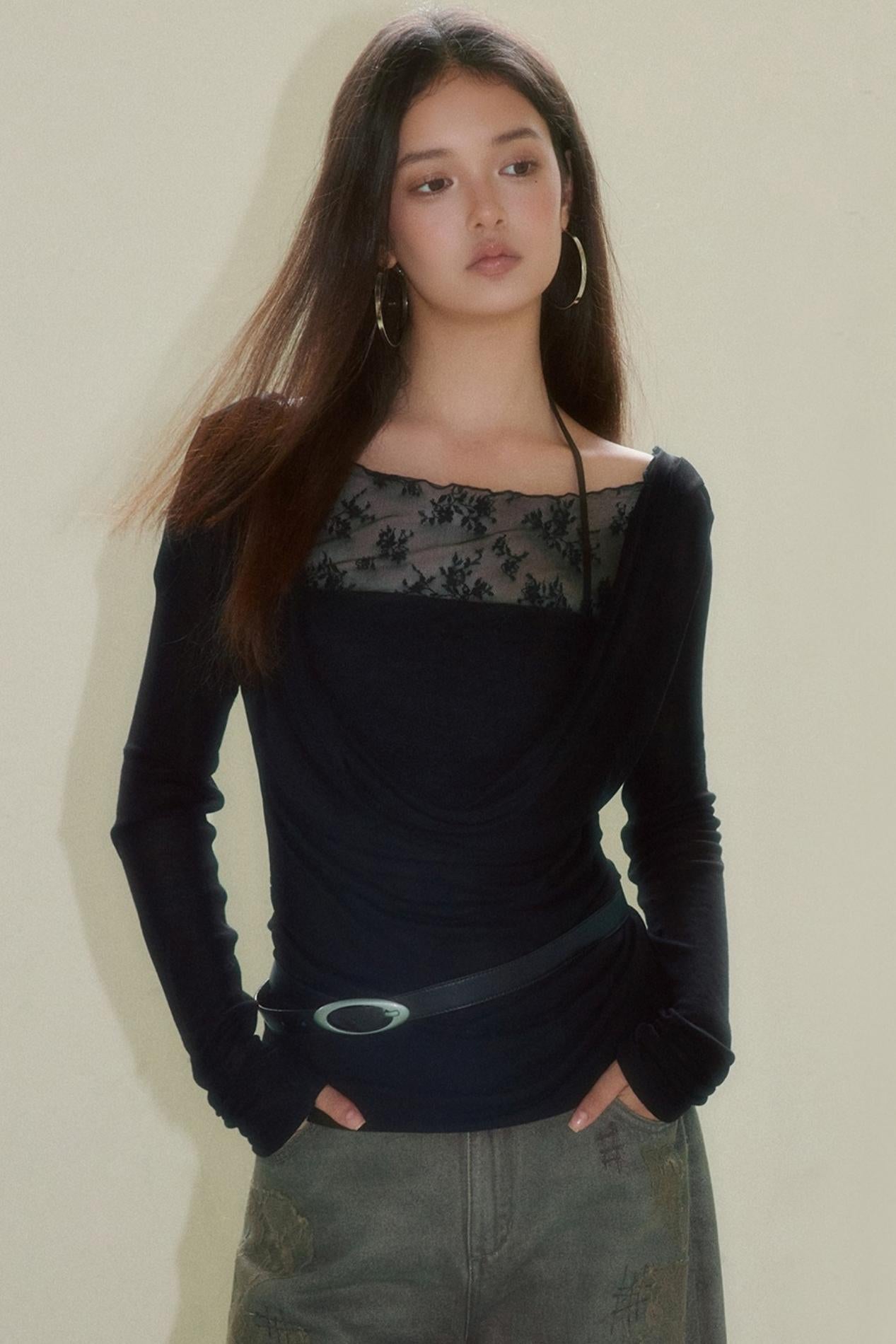 Spliced Long Sleeve Swing Collar T-Shirt