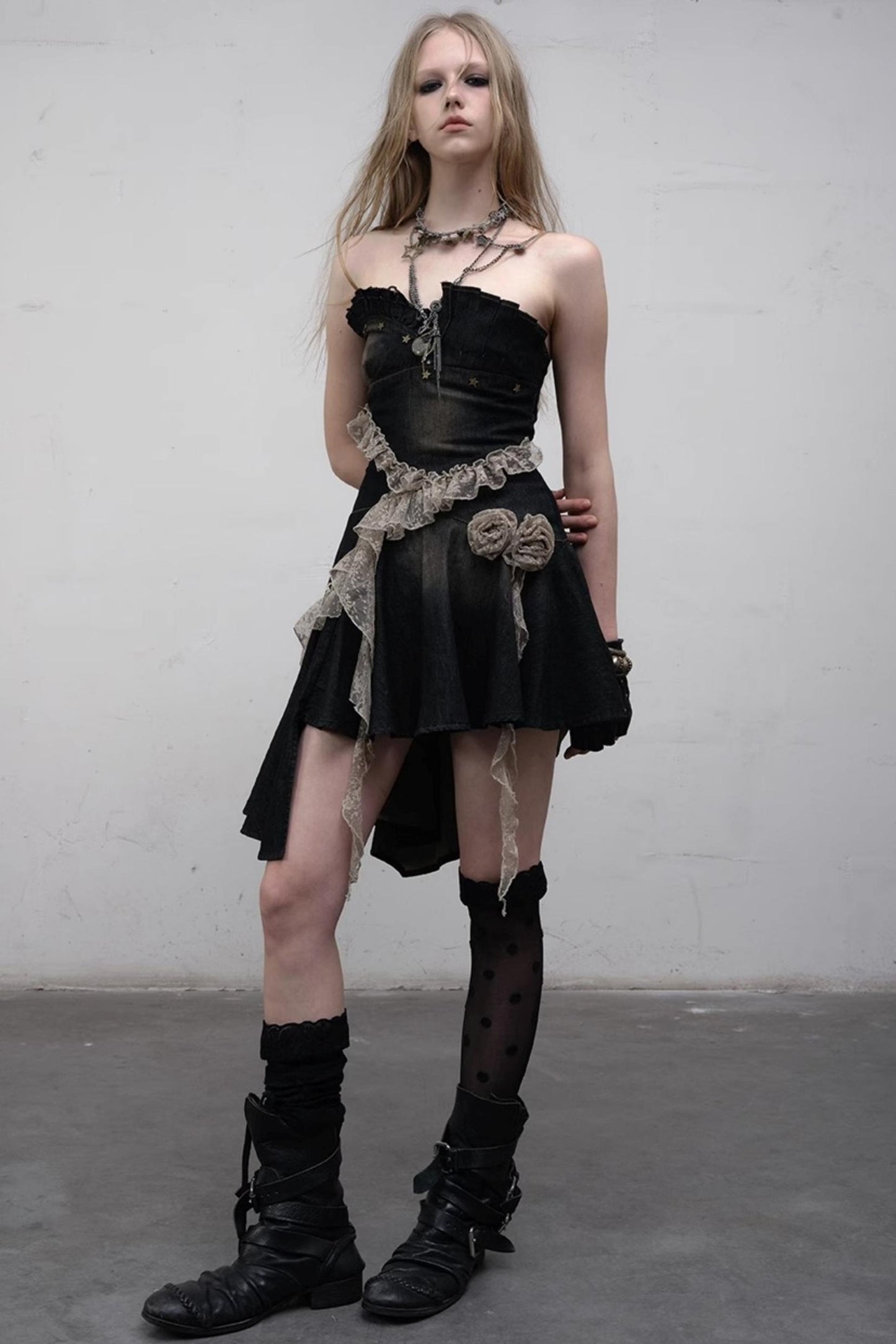 Vintage Black Lace Denim Dress