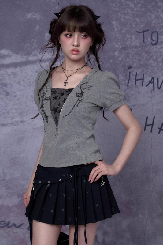 Gray Cross Print Hooded Top