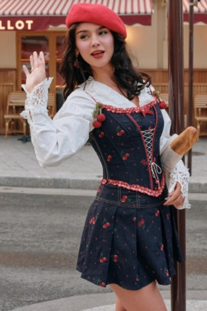Cherry Embroidery Denim Skirt Set-Up