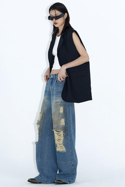 Deconstructed Distressed Wide-Leg Jeans