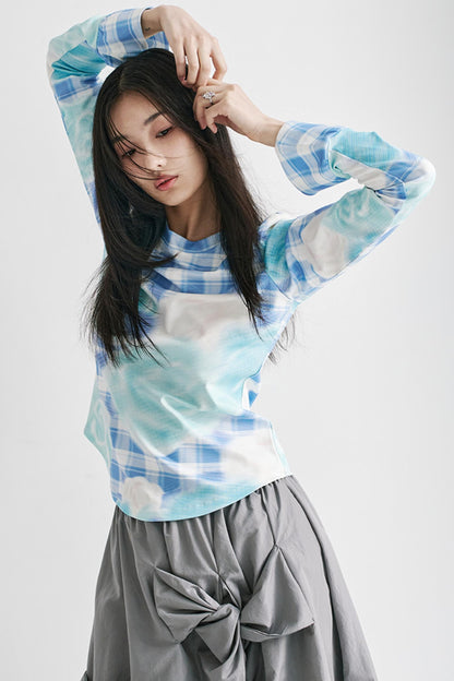 Blue Plaid Flared Sleeve Top