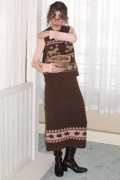 Alpaca Blend Vest Skirt Set