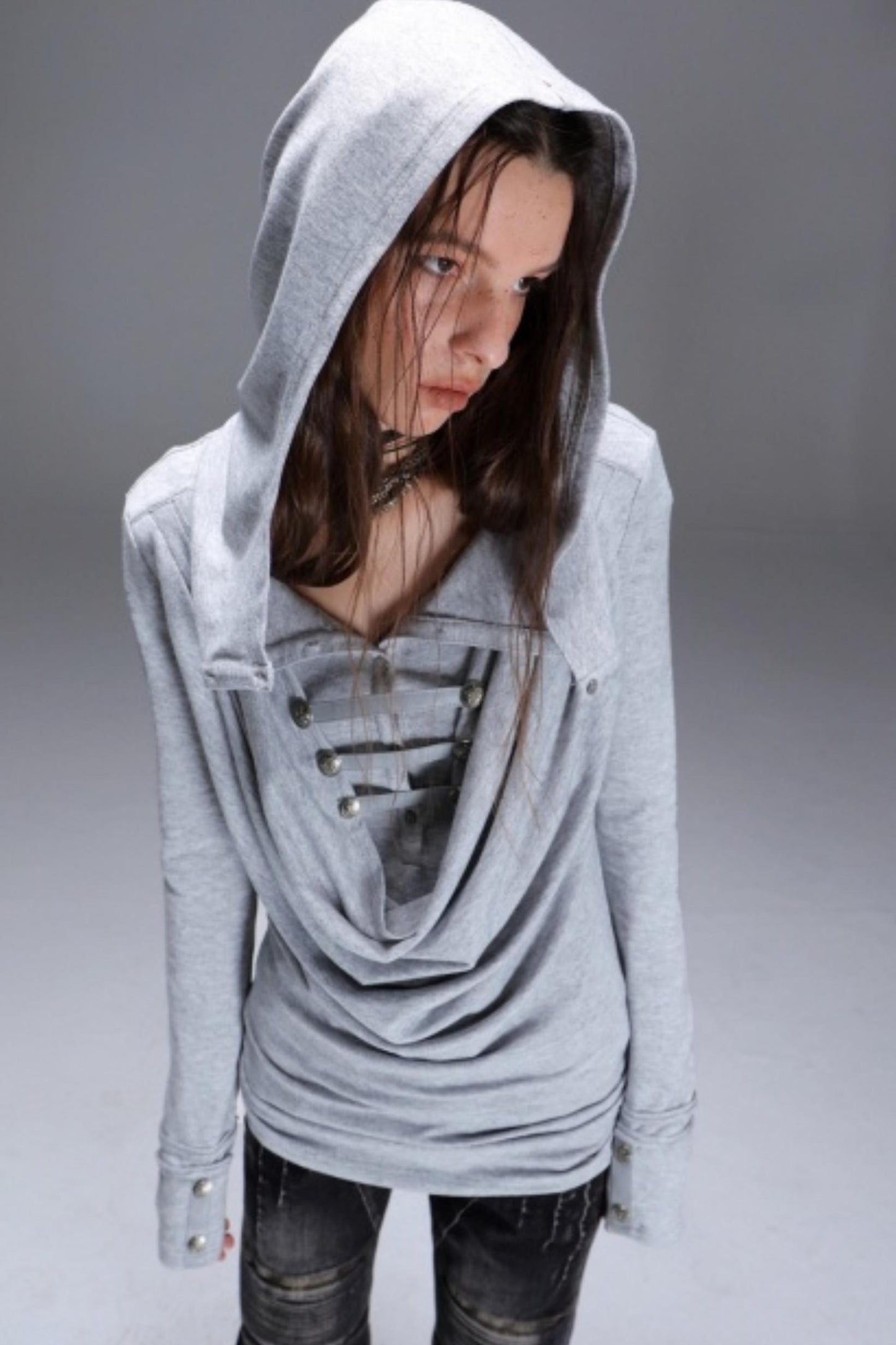Hooded Metal Buckle Knit Top