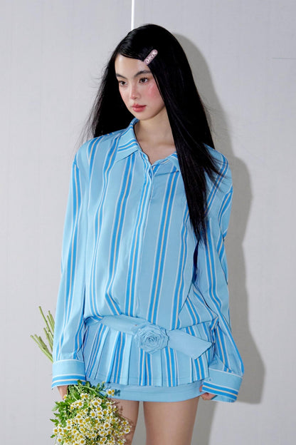 Retro Striped Shirt And Pleated Skirt Set-Up