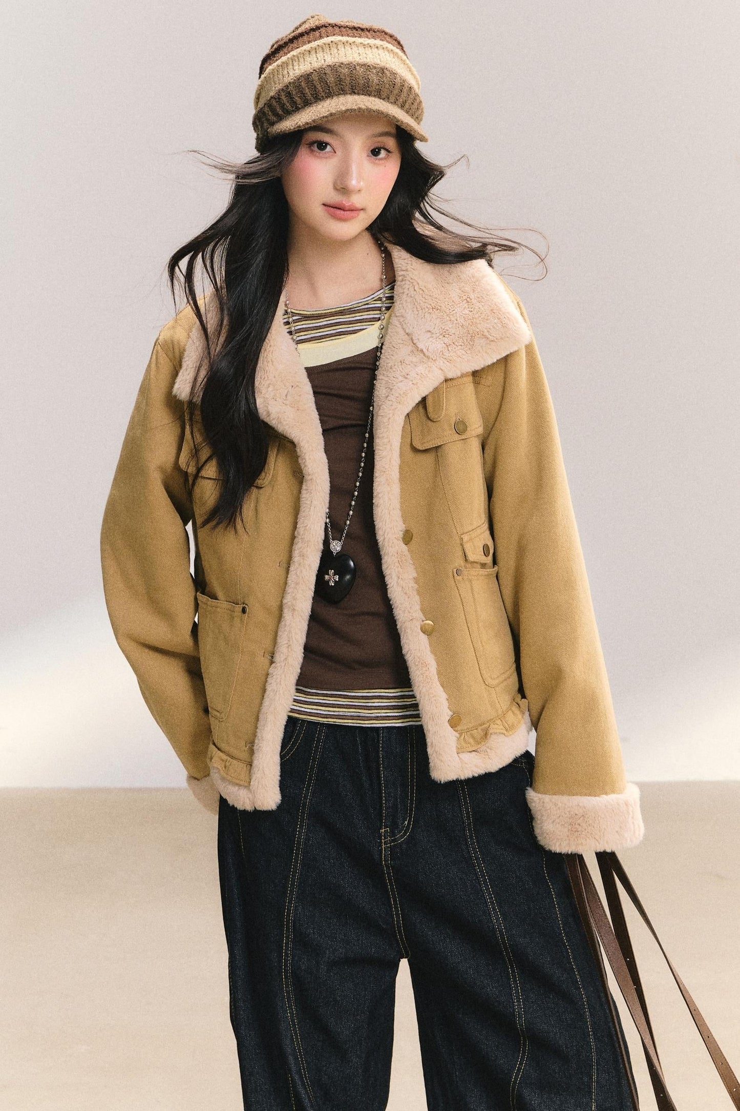 Denim Lace Trim Fur Coat