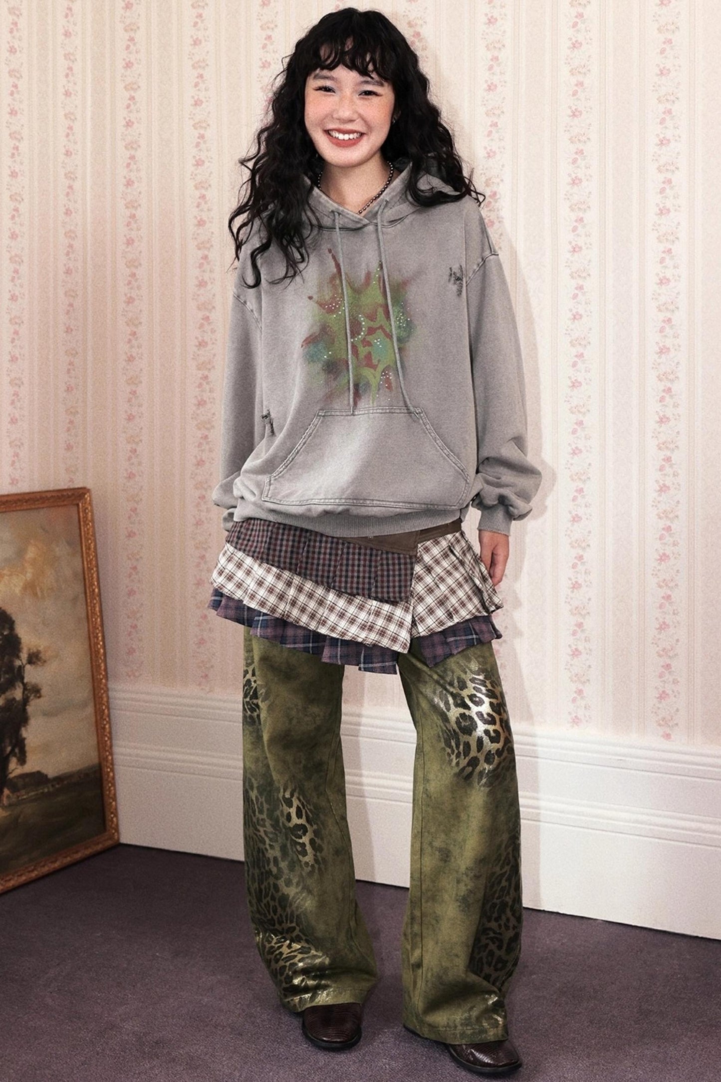 Cotton Washed Leopard Print Denim Pants