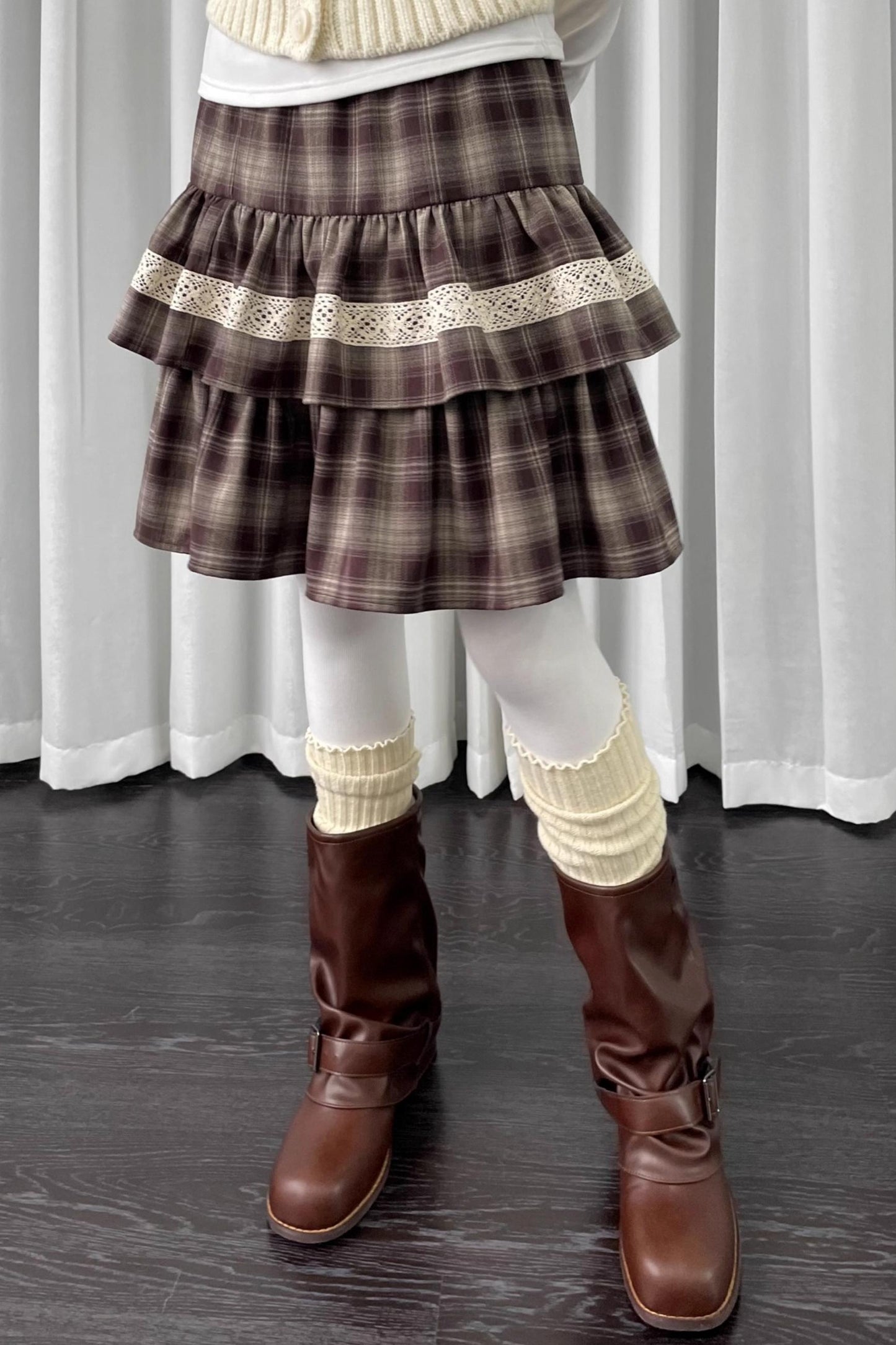 Coffee Plaid Patchwork Puffy Skirt