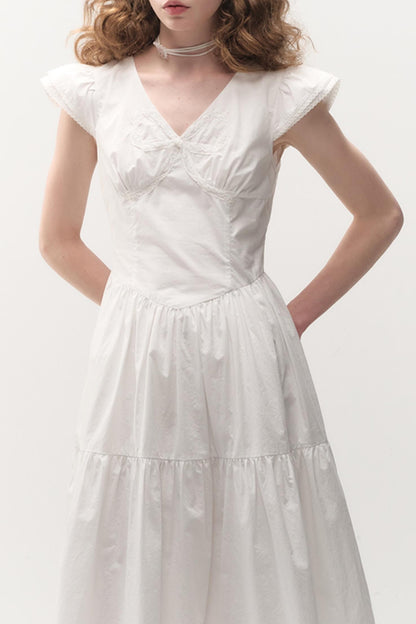 White Bow Flutter Sleeve Dress