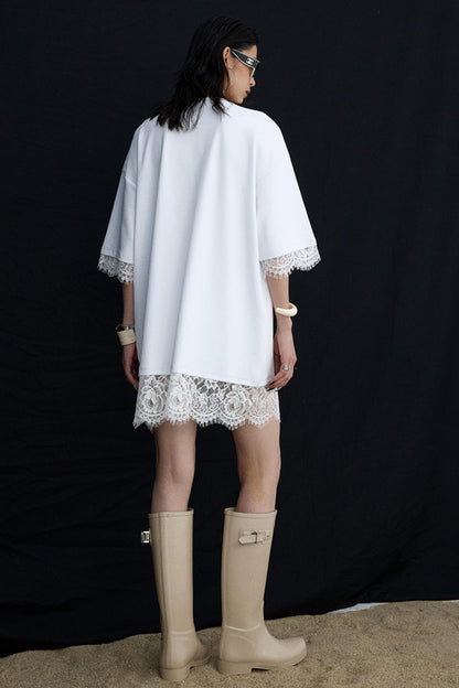 Patchwork Lace Crew Neck Long Top