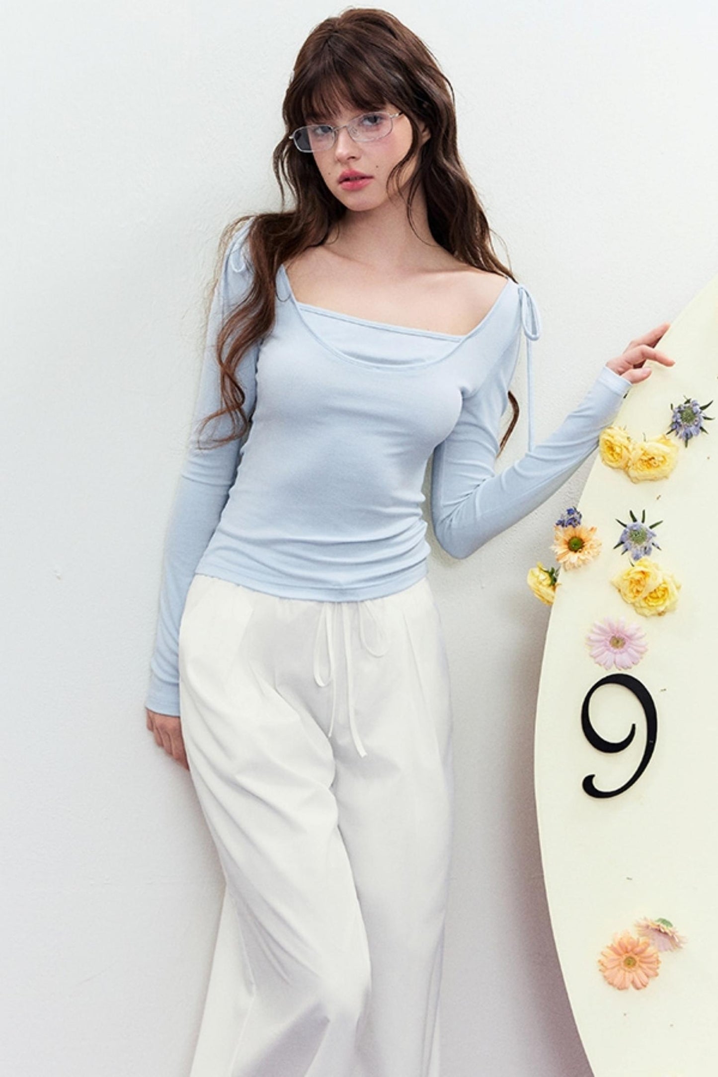 Korean Slim Tie Shoulder Top