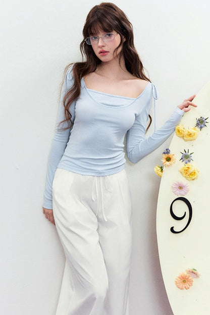 Korean Slim Tie Shoulder Top