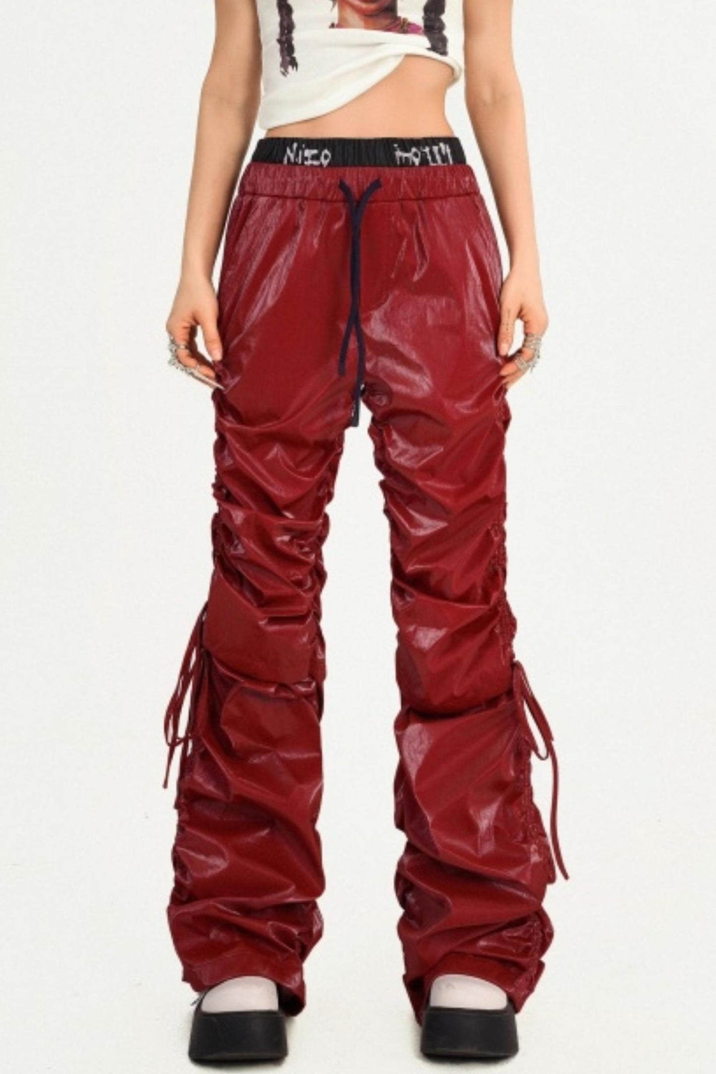 Red Pleated Leather Pants