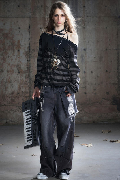 Double-Waist Patchwork Wide-Leg Pants