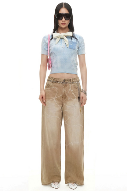 Color-Block Denim Crew Neck Top