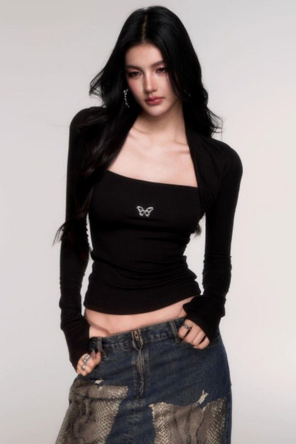 Fake Two Sleeve Slim Knit Top