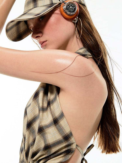 Multilayer Gradient Plaid Halter Backless Tops