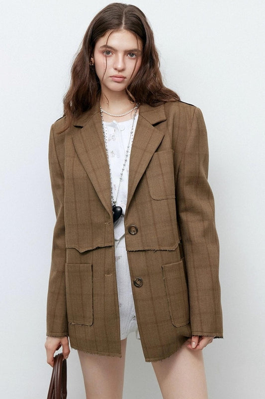Brown Check Raw Edge Blazer