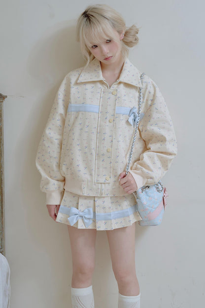 Beige Floral Blue Bow Jacket Set-Up