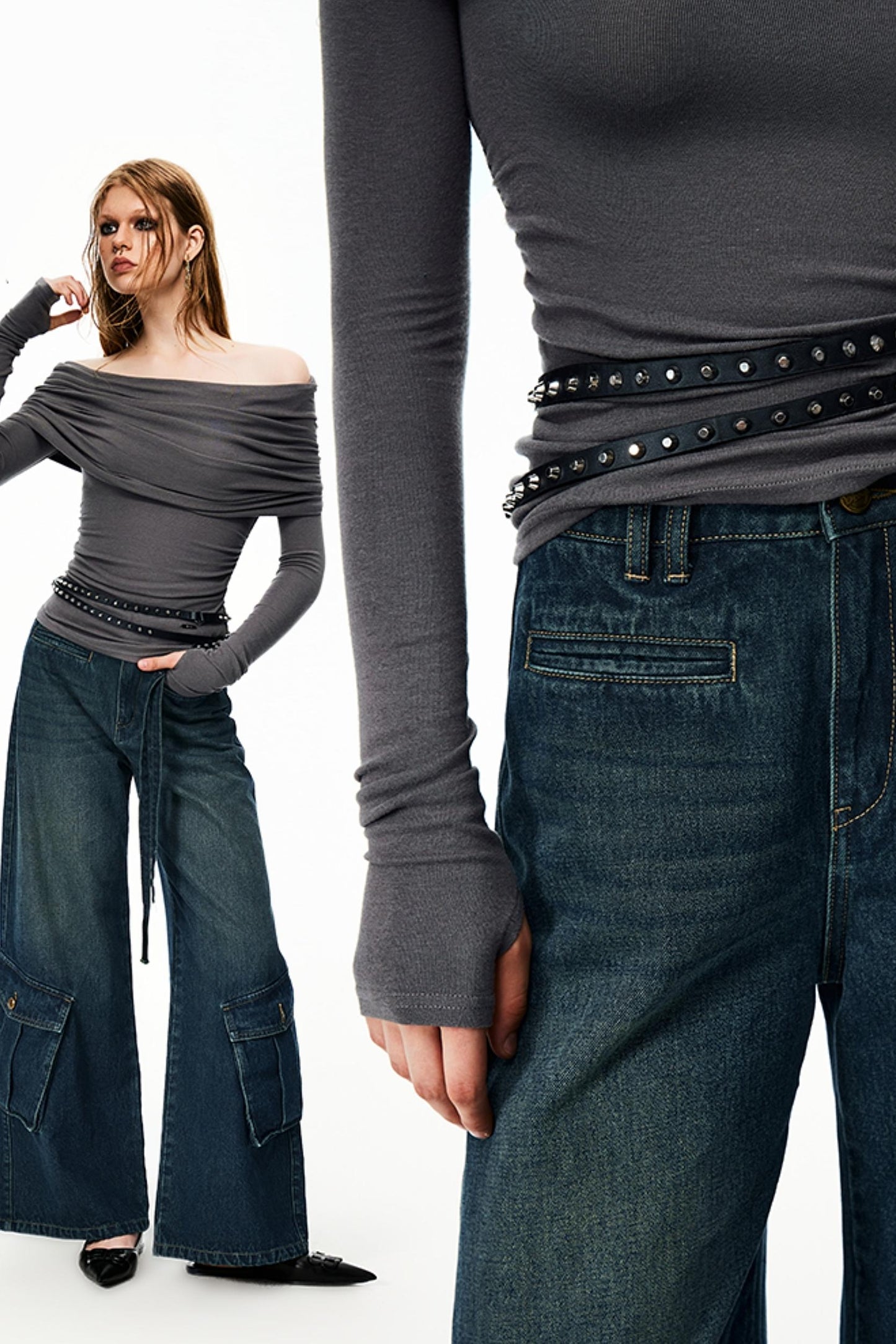 Heavy-Washed Wide-Leg Cargo Jeans