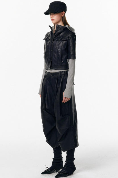 Leather Mid-Sleeve Slim Jacket