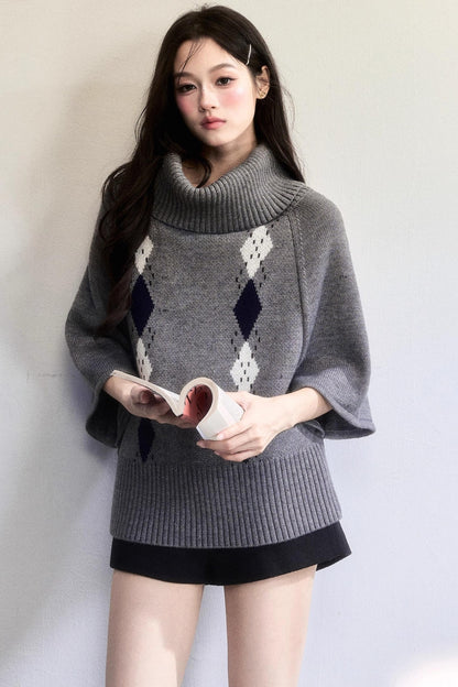 Retro Diamond Wool Knit Cape Sweater