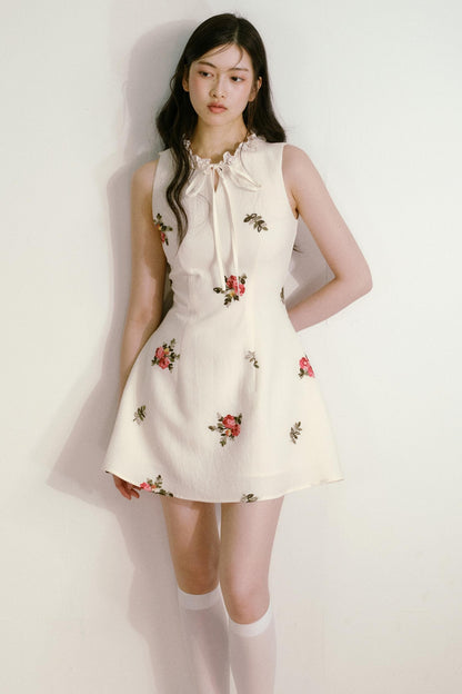 Floral Beige Sleeveless Summer Dress
