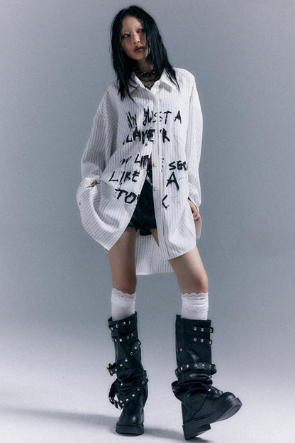 Graffiti Print Striped Long-Sleeved Shirt