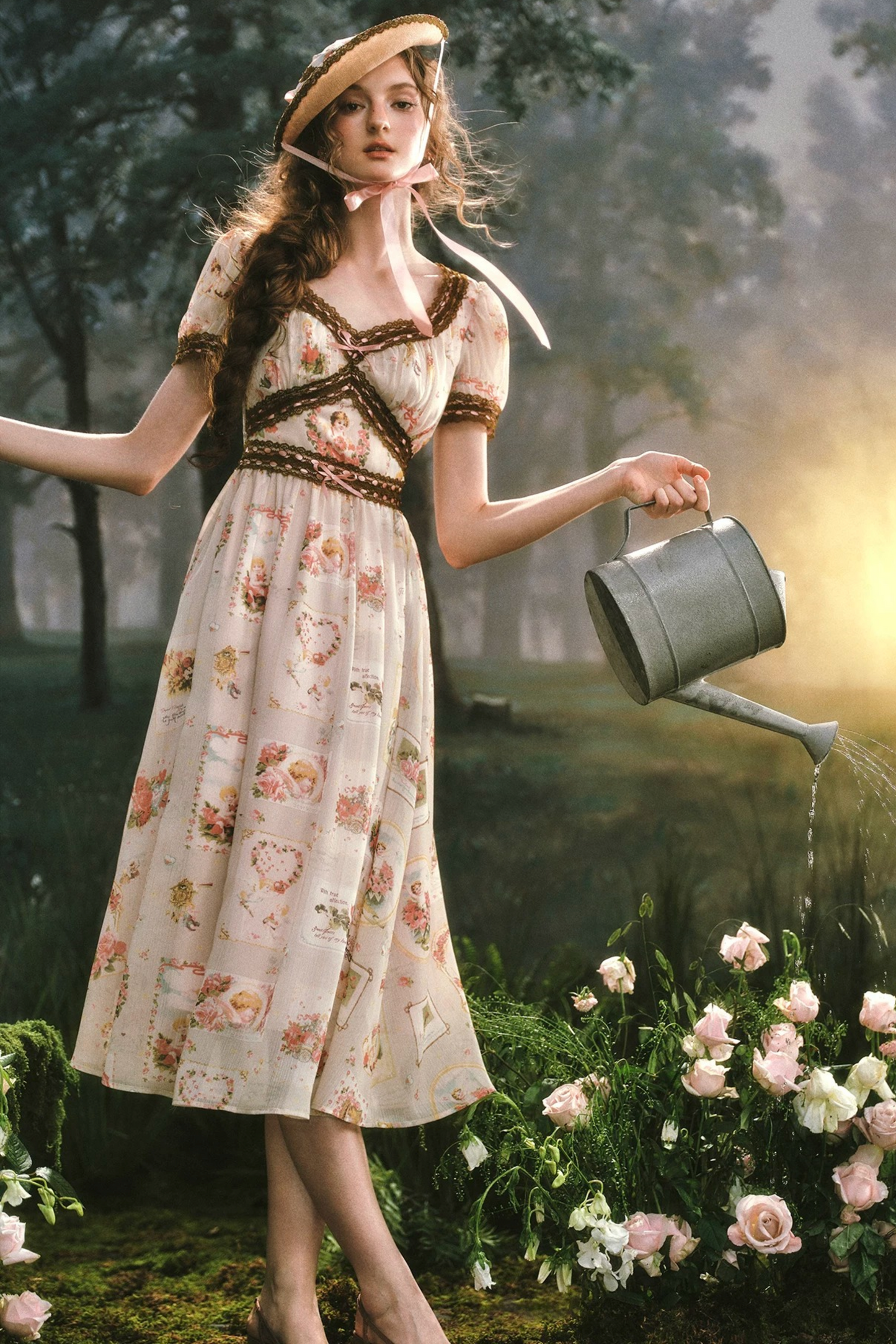 French Retro Lace Print Dress