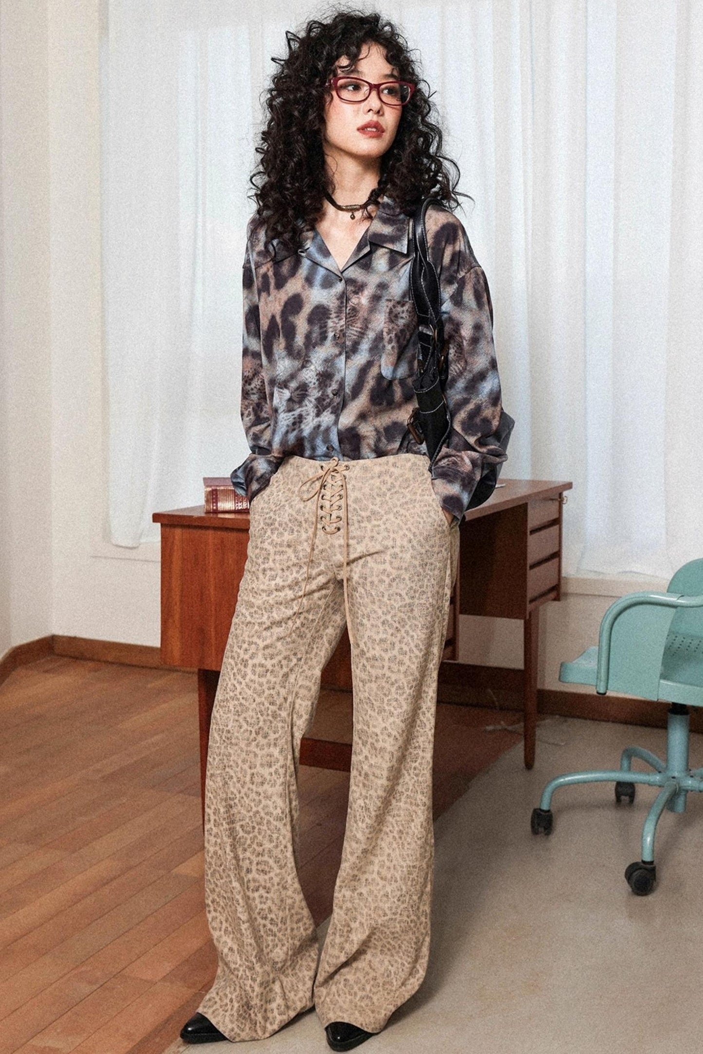 Vintage Leopard Print Cuban Collar Long-Sleeved Shirt