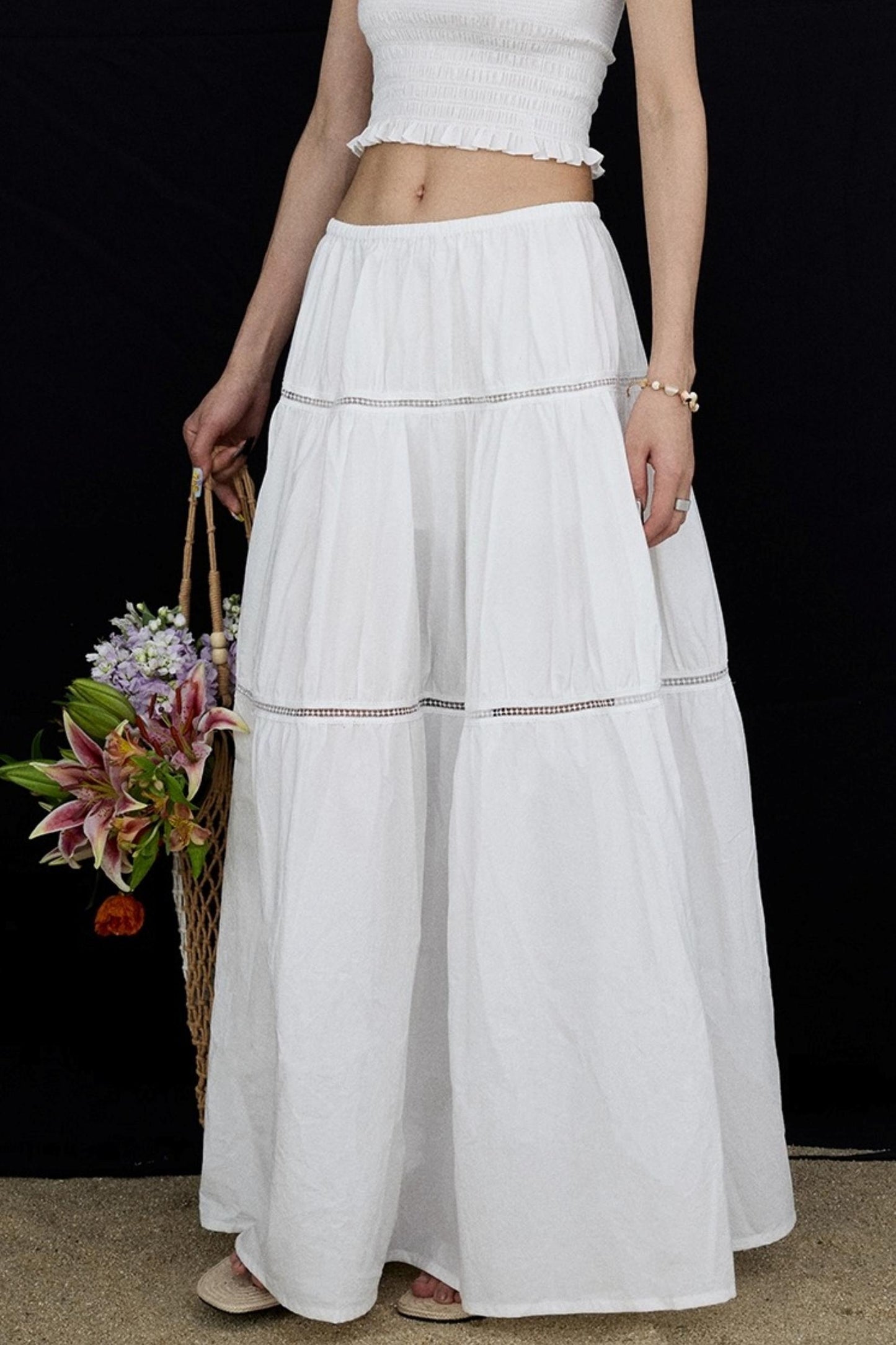 Elasticated White Long Skirt