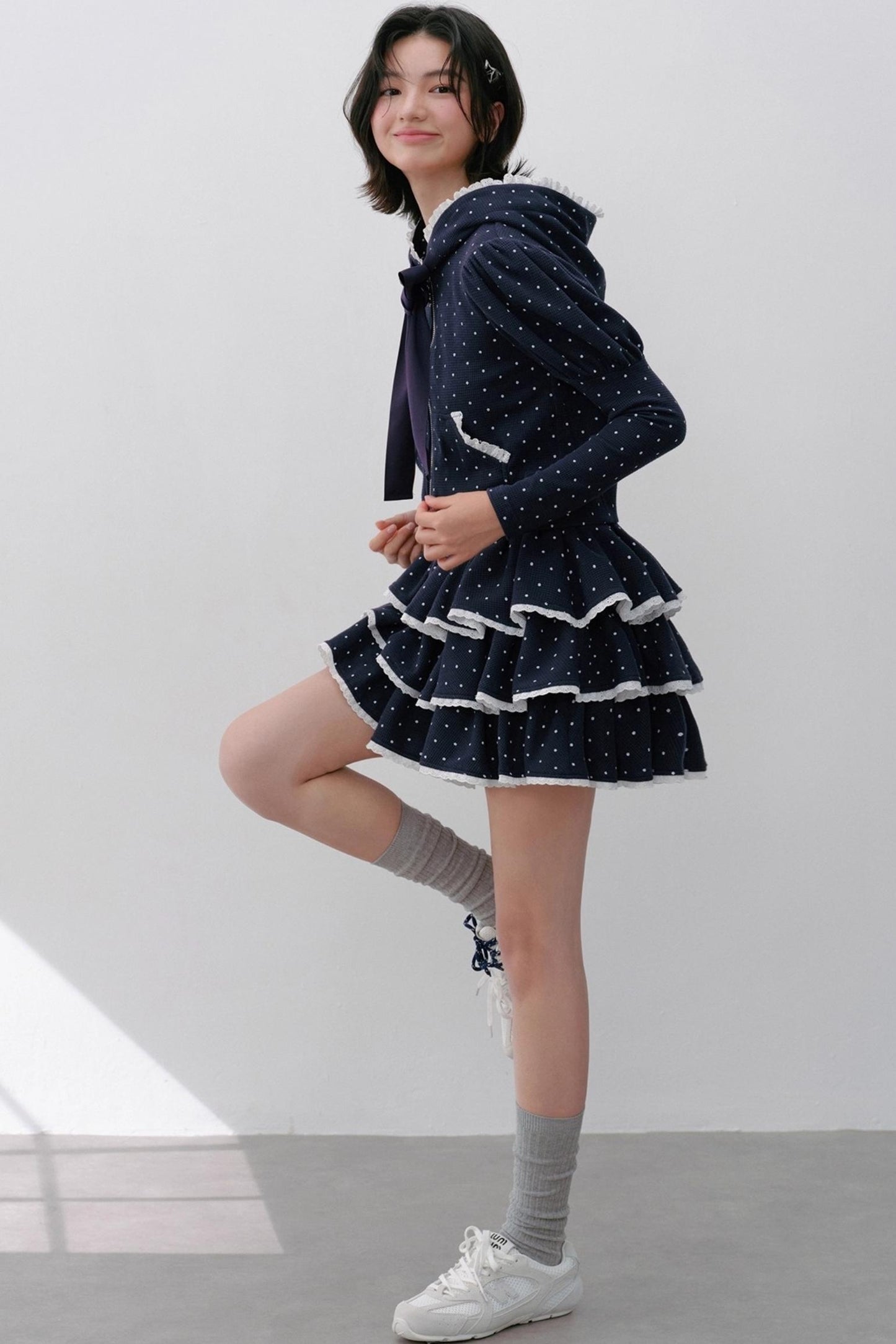 Navy Polka Dot Hooded Tracksuit Set-Up