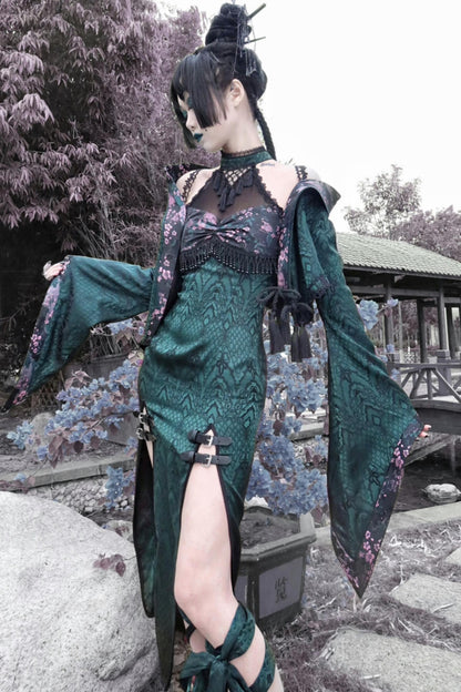 Gothic Mesh Slit Cheongsam Dress Set-Up