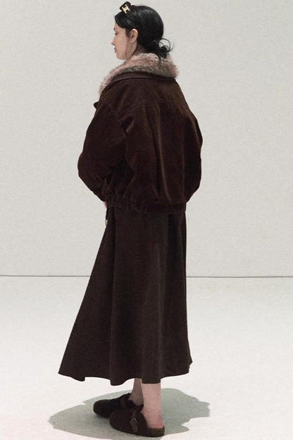 Micro-Velvet Pleated A-Line Skirt