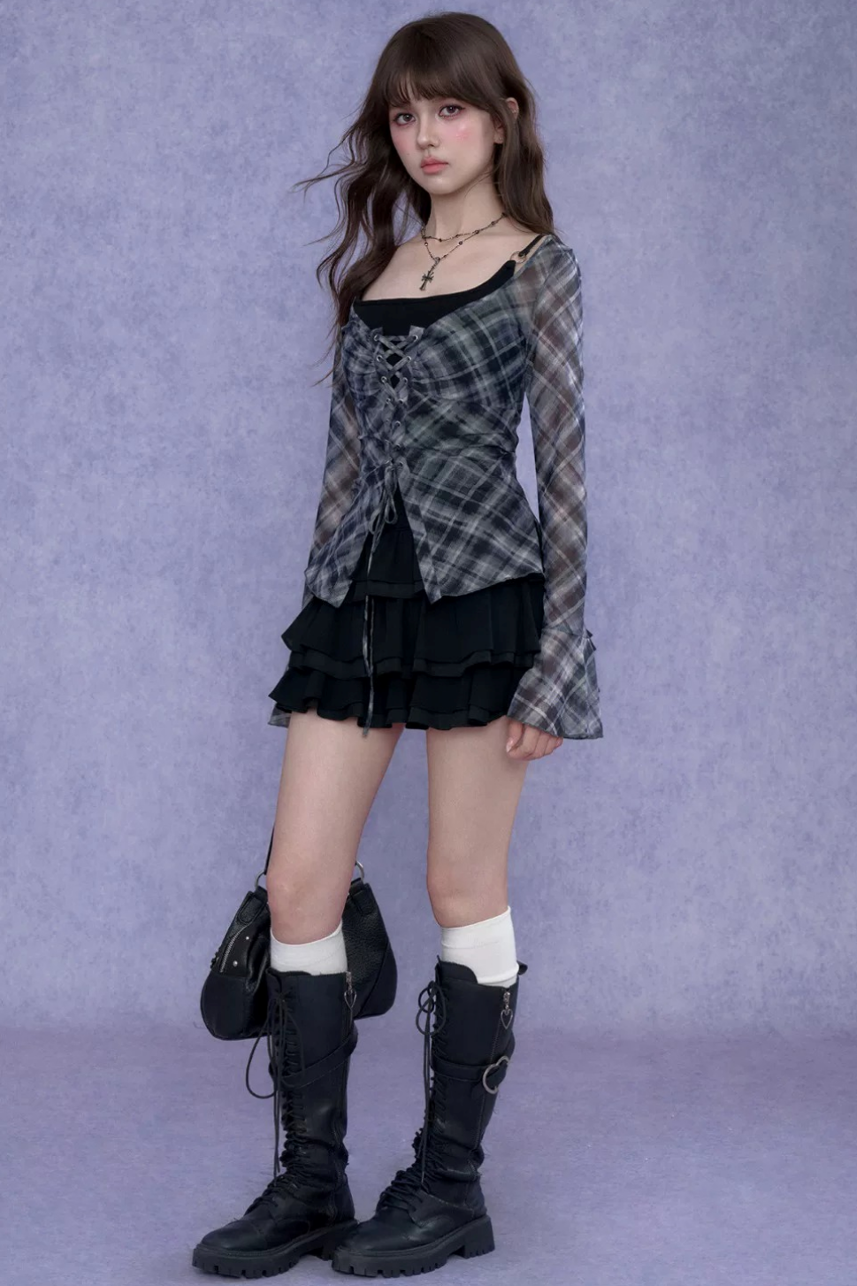 Gray Plaid Tie-Neck Top Set-Up