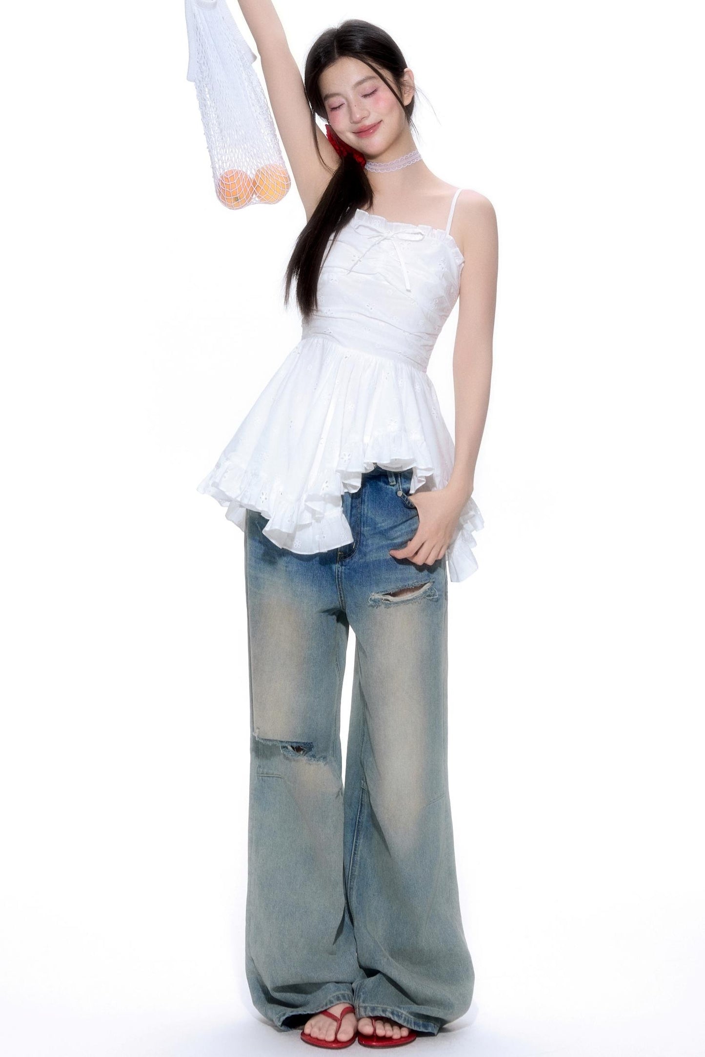 Hollow Lace Halter Top Jeans Set-Up