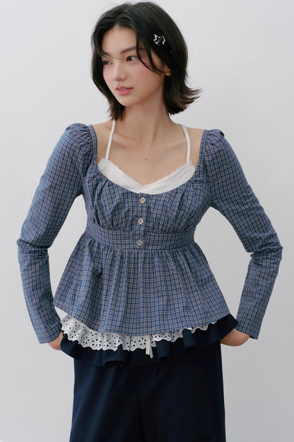Vintage Navy Blue Check Cinched Shirt