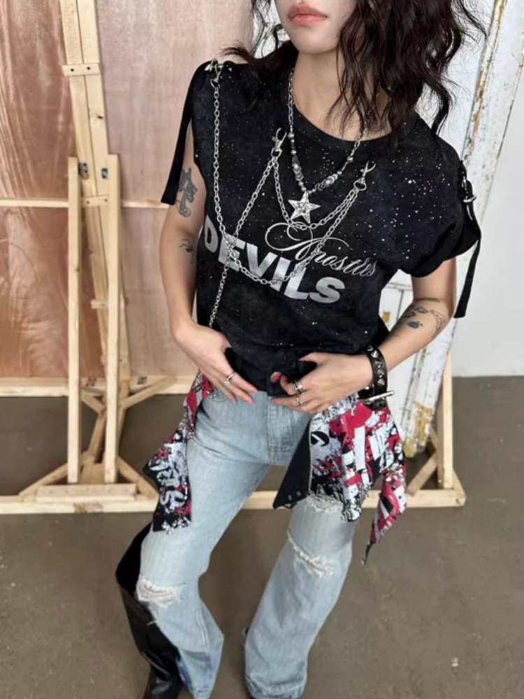 Punk Metal Chain Logo Print Tee