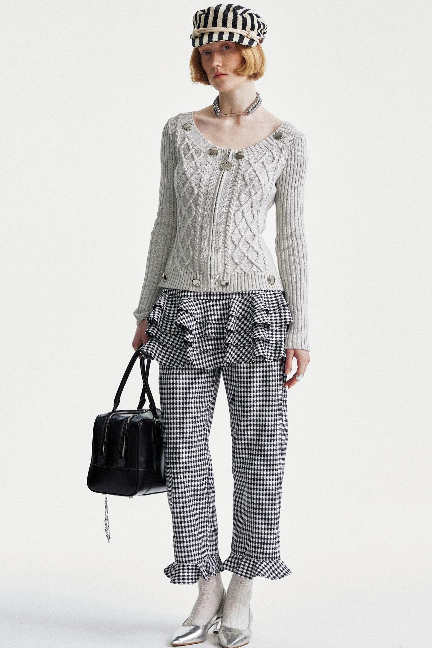 Lace Trim Checkered High Waist Pants