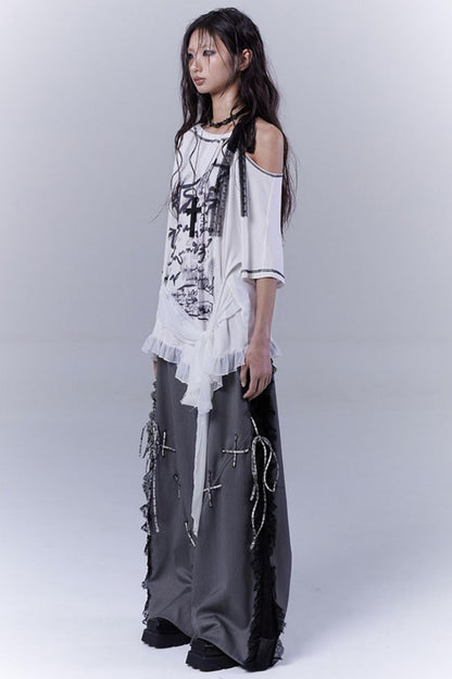Gray Hollow Lace Fusion Casual Trousers