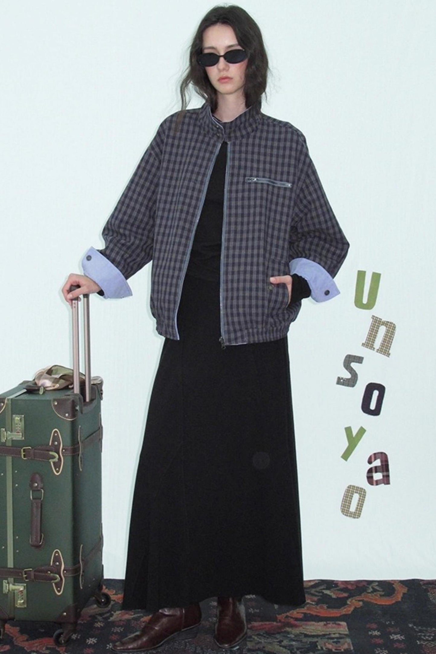 Vintage Plaid Stand-Up Collar Jacket