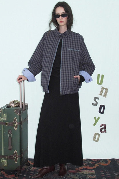 Vintage Plaid Stand-Up Collar Jacket