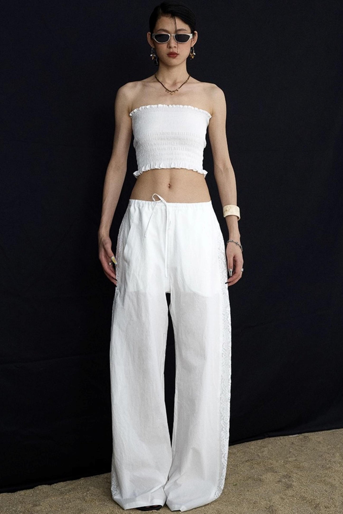 White Elasticated Waist Wide-Leg Trousers